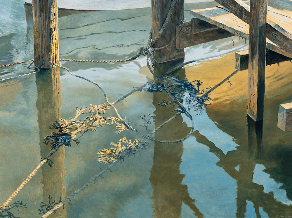 Reflected water and ropes, Morston Quay, Norfolk landscape. Art print from an original oil by artist David Miller